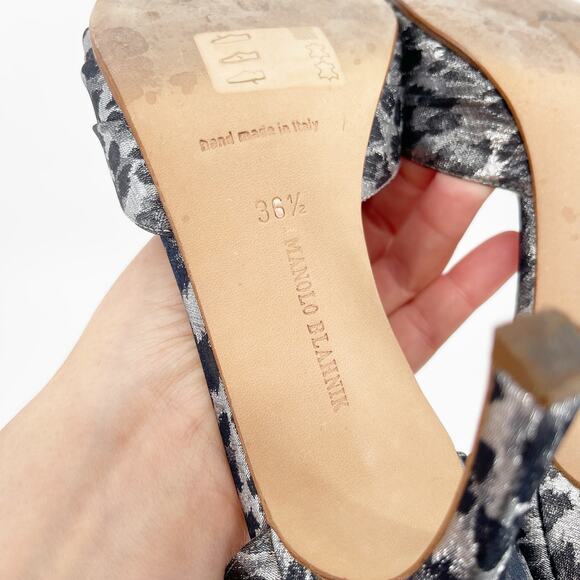 Manolo Blahnik Sedaraby Leopard Satin Crystal Buckle Peep Toe Heels IT 36.5 - Picture 13 of 13